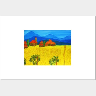 Landscape with yellow filed and blue hills Posters and Art